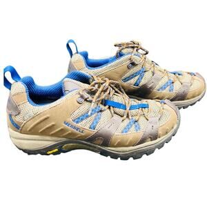🧗‍♀️ Merrell 7.5 Stone Blue Tan Hiking Trail Shoe Vibram Grip Outdoor Adventure